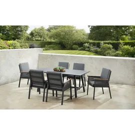 Konifera Garten-Essgruppe KONIFERA "Edessa, TOPSELLER", braun (dunkelgrau, braun, anthrazit,), Aluminium, Sitzmöbel-Sets, Tischplatte aus Alu-Lamellen,Armlehne mit Seilgeflecht&Noonwood-Latten