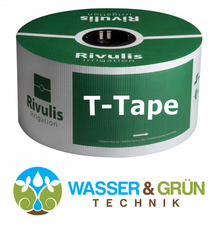T-Tape 16mm, Wandstärke 8 mil (0,25mm), Tropferabstand 20 cm, 1 l/h Wasserabgabe je Tropfer, 2200 m/Rolle Typ: T-Tape 508-20-500