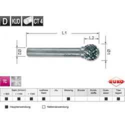 RUKO Hartmetall Frässtift Form D Kugel (KUD) Durchmesser 6,0 mm L1 min 56 mm