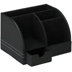 Relaxdays Schreibtischorganizer Kunstleder, Büro Organizer mit Schublade, 4 Fächer, Stiftehalter, 13x19x15 cm, schwarz