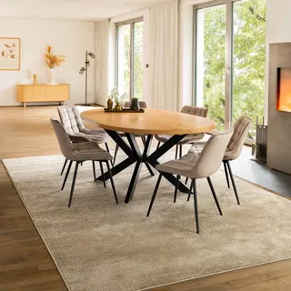 HOME DELUXE Essgruppe Rund Ausziehbar AVENTURA inkl. Sternfuß - 120-160 x 120 cm Light Oak 6 Stühle Hellbraun - Weiß