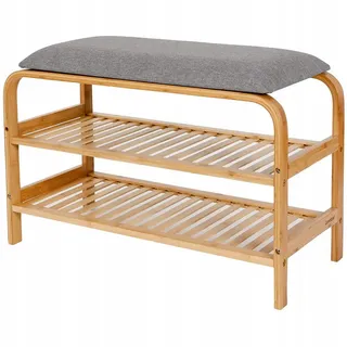ad.con Bambus Schuhregal, aus Bambus mit Sitzbank, Schuhbank mit Sitzkissen, Sitzbank mit zwei Ebenen, Grau