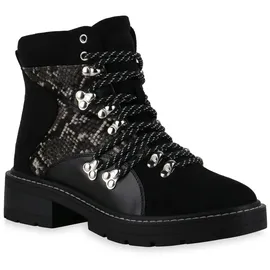 Stiefelparadies Damen Schnürstiefeletten in Schwarz Dunkelgrau Hellgrau Snake,