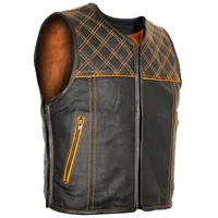 MDM Lederweste Herren Lederweste Hunter Club Kutte Schwarz Orange, perforiertem Leder (Biker Lederweste Herren, Clubkutte, Motorradweste, perforiertes Leder) Biker Lederweste perforiert, Steppmuster, Clubkutte, erweiterbar M