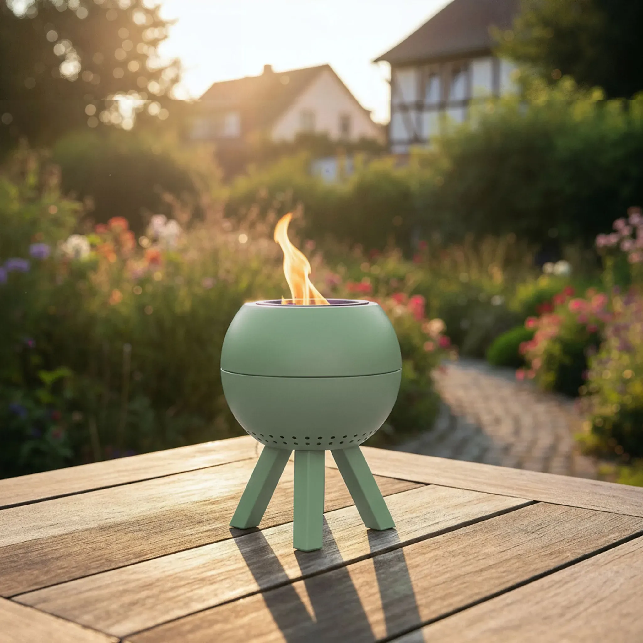 Tischfeuer Peluma aus Edelstahl grün für Balkon, Terrasse, Garten