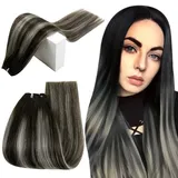 RUNATURE Echthaar Tressen Ombre Schwarz Balayage Silber 55cm Tressen Echthaar Lang Haarverlängerung 100g Echthaar Tressen Zum Einnähen Ombre Schwarz mit Silber #1B/Silver/1B