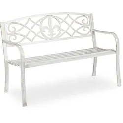 Relaxdays Relaxdays Gartenbank, stabile Parkbank aus Metall, Sitzbank mit gusseiserner Lehne für draußen, 86x127x57cm, weiß/bronze
