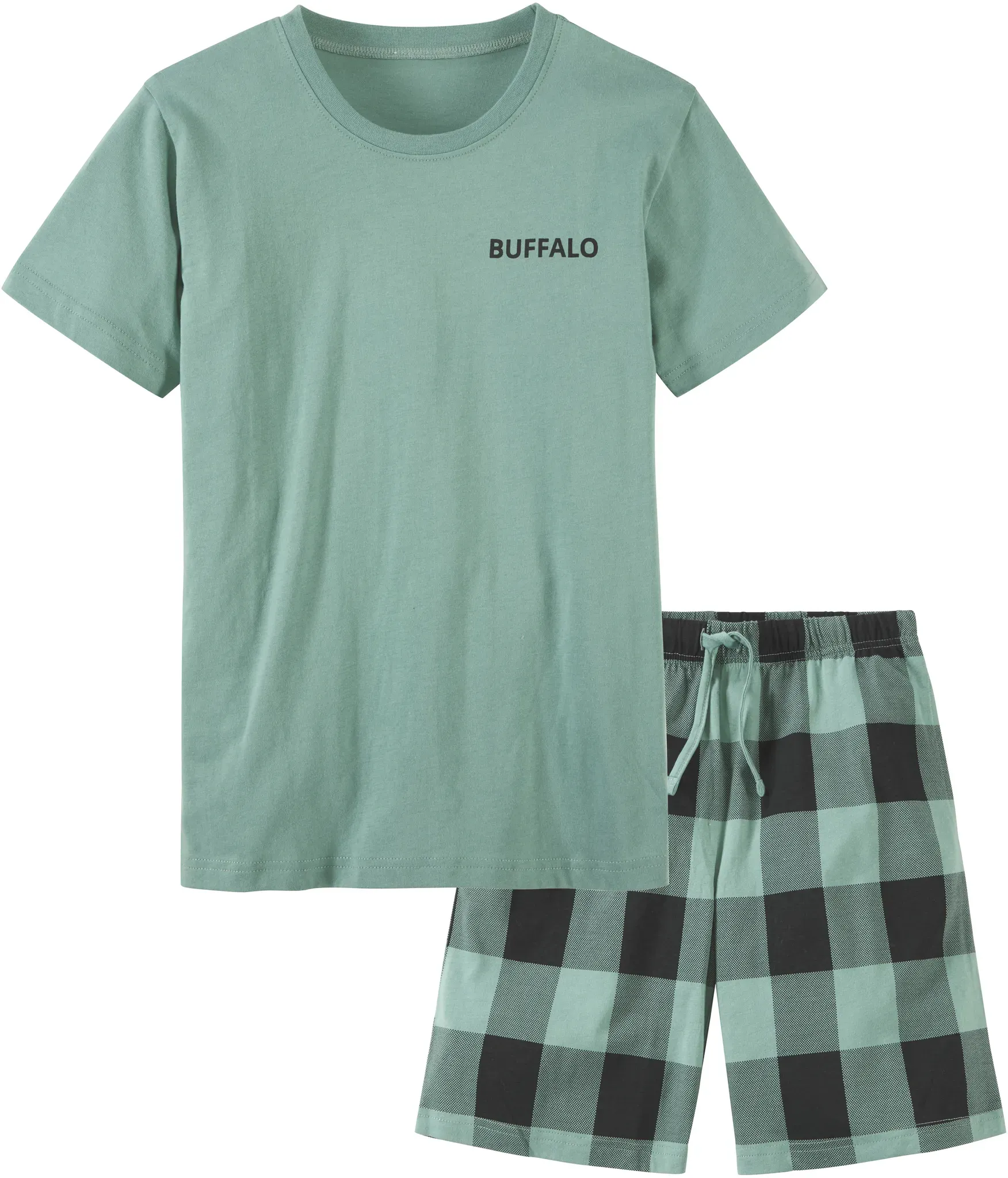 Pyjama BUFFALO, Jungen, Gr. 182, grün, Jersey, Obermaterial: 100% Baumwolle, kariert, Basic, bequem kurz, Rundhals, abgesteppte Kante, Homewear-Sets Pyjama, kurzer Schlafanzug im coolen Karolook