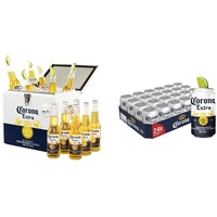 Corona Extra Coolbox - Kühltruhe mit 12 Flaschen internationales Premium Lagerbier, Geschenkpack, MEHRWEG Lager Bier Helles (12 x 0.355 l) & Extra Premium Lager Dosenbier, EINWEG, (24 X 0.33 l)