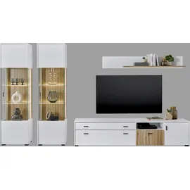 Home Affaire Wohnwand HOME AFFAIRE "HUDSON", weiß (weiß matt tz, applikation evoke eiche mdf tz), B:316cm H:180cm T:42cm, Kastenmöbel-Sets, Wohnwand, mit moderner Rillenoptik, Griffe aus Metall (Schwarz), Breite 316 cm