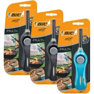 BIC Megalighter Feuerzeuge, Farbe zufällig Schwarz oder Türkis - Packung mit 3 Stück