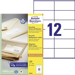 Zweckform LR3424 Recycling Universal-Etiketten, A4, 105 x 48 mm, 100 Bogen/1.200 Etiketten, naturweiß