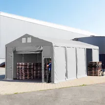 TOOLPORT Lagerzelt 5x10 m Zelthalle mit 3m Seitenhöhe PVC 850 N grau, wasserdicht Ganzjahreszelt mit Hochziehtor