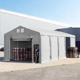 TOOLPORT Lagerzelt 5x10 m Zelthalle mit 3m Seitenhöhe PVC 850 N grau, wasserdicht Ganzjahreszelt mit Hochziehtor