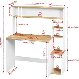 EUGAD schriftSchreibtisch, Computertisch, 5-stufiges Bücherregal, mit Stauraum - Weiß/Braun