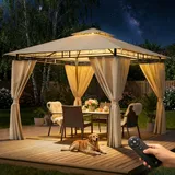 Hawthyhome Pavillon 3x3 Wasserdicht Stabil, Gartenpavillon Doppeldach, Partyzelt mit Seitenwänden, UV-Schutz 50+, Metallrahmen Pavillon für Garten Terrasse Party, Beige mit LED