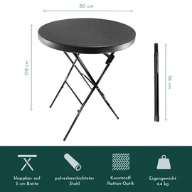 Lemodo Stehtisch klappbar 80 cm schwarz in Rattan-Optik, Höhe 110 cm