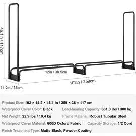 Vevor Kaminholzregal Metall 259x36x117cm Brennholzregal Stahlrahmen Pulverbeschichtet Kaminholzunterstand 300kg Wasserdichter Abdeckung