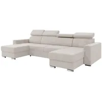 MEBLINI Schlafcouch mit Bettkasten - Ecksofa mit Schlaffunktion - Sofa mit Relaxfunktion und Kopfstützen - Couch U-Form - Eckcouch - Wohnlandschaft - Voss - 306x168x79cm - Beige Samt