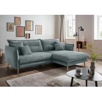 Ecksofa INOSIGN "Lazio" Sofas Gr. B/H/T: 255cm x 94cm x 180cm, Cord, Recamiere rechts, blau (aqua, zierkissen aqua) zwei verschiedene Fußfarben wählbar