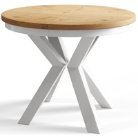 Runder Esszimmertisch LOFT, ausziehbarer Tisch Durchmesser: 120 cm/200 cm, Wohnzimmertisch Farbe: Hellbraun, mit Metallbeinen in Farbe Weiß