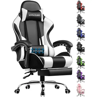GTPLAYER Bürostuhl Gaming Stuhl Massage Gaming Sessel Ergonomischer Gamer Stuhl mit Fußstütze, Kopfstütze Massage-Lendenkissen, Gepolstert Gami... - Weiß