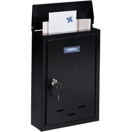 Relaxdays Briefkasten mit Namensschild, Metall, mit 2 Schlüsseln, Postkasten schmal, HxBxT: 35,5 x 24 x 9 cm, schwarz