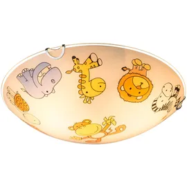 GLOBO Led Kinderleuchte dimmbar mit Fernbedienung Deckenlampe Glas Kinderzimmerlampe rund, Glas bunt mit Tiermotiven, Rgb Farbwechsel 2x 8,5w 2x 806lm warmweiß, Dxh 30x6,5 cm