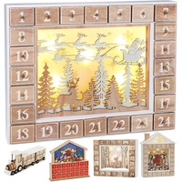 Brubaker Wiederverwendbarer Adventskalender aus Holz zum Befüllen - Fliegender Weihnachtsmann mit LED-Beleuchtung - DIY Weihnachtskalender 35.5 x ... - Beige/Weiß