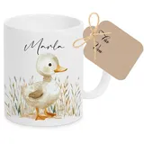 Manufaktur Liebevoll Tasse mit Namen Kinder Kindertasse mit Namen Becher Keramik Mädchen Junge Namenstasse Ente Tier Geschenk
