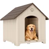 PawHut Hundehütte Hundehaus aus Kunststoff Erhöhte Hundehöhle mit Wasserfestem Dach, Bodenankern, Katzenhaus mit Klauenförmige Lüftungsöffnung für mittelgroße, große Hunde, Garten Drinnen Beige