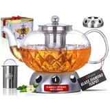 PYKAL Glas Teekanne mit Siebeinsatz und Stövchen Set - 1 Liter - Leuchtende Diamant Teekanne auch für Losen Tee - Teebereiter mit Sieb & Teelichtofen - Glasteekanne - Tea Pot