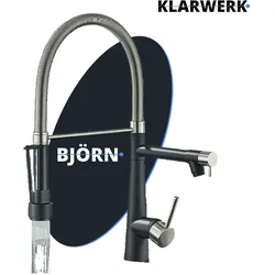 Björn | Gastronomie  Schwarz Silber  Küchenarmatur | Zwei Brausen | Edelstahl Professional Wasserhahn Küche| Doppelspülbecken Restaurant