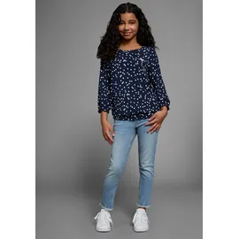 KangaROOS Langarmshirt "Viskoseshirt mit 3/4 Arm", Mädchen, Gr. 164/170, blau (marine), Jersey, Obermaterial: 95% Viskose, 5% Elasthan, gepunktet, weit hüftlang, Rundhals, mit Gummizug, Shirts Langarmshirt, weite Passform, gepunktetes Design, Rundhalsausschnitt