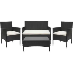 Mendler Poly-Rattan Garnitur HWC-F55, Balkon-/Garten-/Lounge-Set Sofa Sitzgruppe ~ schwarz, Kissen creme