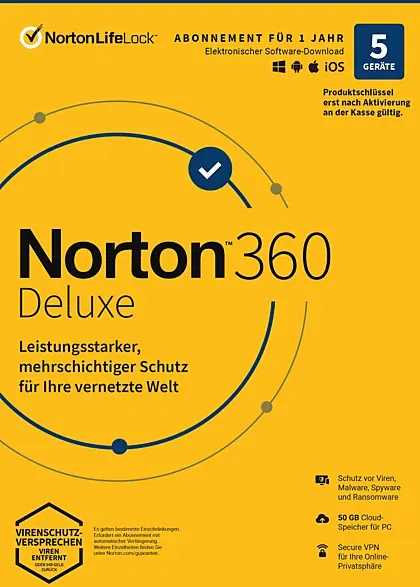 Norton 360 Deluxe - 1 Benutzer 5 Geräte Jahr 50GB Cloud-Speicher (PC, iOS, MAC, Android)