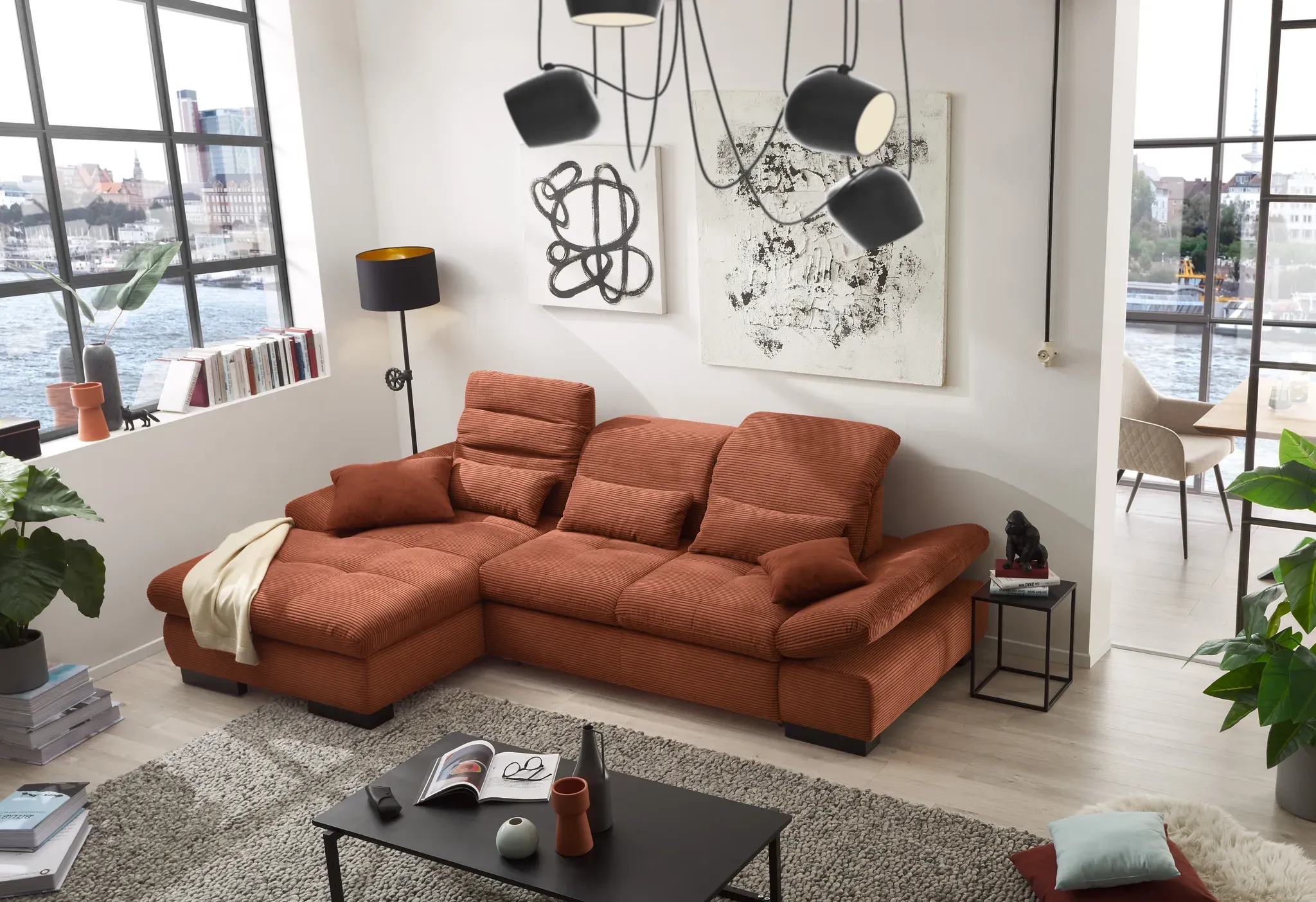 Ecksofa SET ONE BY MUSTERRING "SO4100 V" Sofas Gr. B/H/T: 284cm x 80cm x 190cm, Breitcord, Recamiere links, mit Kopfteilverstellung-mit Schwenkrücken-mit Armteilverstellung-mit Bettfunktion-mit Bettkasten-Federkern-Federkern-Federkern-Wellenunterfederung, rosegold (kupfer) mit verstellbaren Kopfteilen, wahlweise Funktionen, Cord-Bezug