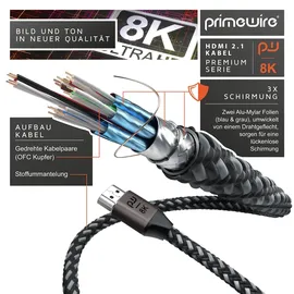 Primewire 8k HDMI Kabel 2.1 UHD II, 8k @ 120 Hz mit DSC, 7680 x 4320, 2k 4k Ethernet, HDR eARC VRR ALLM, kompatibel zu Blu Ray PS4 PS5 - 3 m