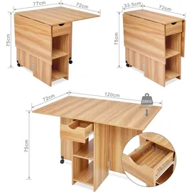 Mondeer Esstisch Klappbarer Küchentisch mit 1 Schublade und zwei Lagerregalkonsolen Esszimmertisch Kaffeetisch mit verstellbaren Füße - Braun