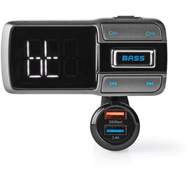 Nedis Kfz Audio FM Transmitter Schwanenhals freisprechend 2.0" - LED Bildschirm Bluetooth QC 3.0/5.0 V DC / 2.4 A - Schnellladung - Bass Boost - Google Assistant/Siri - Grau/Schwarz