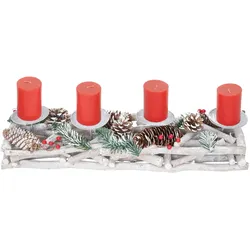 Mendler Adventskranz länglich, Weihnachtsdeko Adventsgesteck, Holz 11x15x50cm weiß-grau ~ mit Kerzen, rot