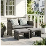 Sunsitt Gartenbank Outdoor Loveseat (3-tlg Terrassenmöbel-Set, Allwetter Rattan Gartenbank mit 2 Hocker), Grau Rattan&Grau Kissen grau