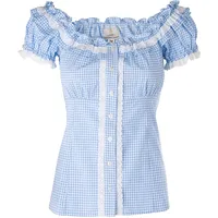 Ramona Lippert® - Damen Dirndl Bluse Laila 38 Blau Kariert Rundausschnitt mit Rüschen im Rücken einstellbare Schlaufen - Trachtenbluse - Blusen für Trachten z.B. zum Oktoberfest - 38