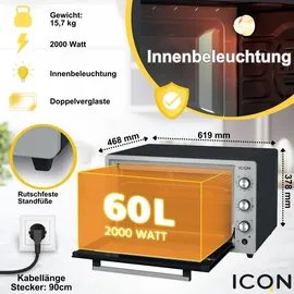 ICQN 60 Liter XXL Minibackofen, 2000 W, Umluft, Pizza-Ofen, Doppelverglasung, Drehspieß, Timer, inkl. Backblech Set, Elektrischer Mini Ofen, 40°-...