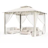 Amopatio Garten Pavillon 3.4x3.4 Wasserdicht Stabil Winterfest, Doppeldach Gartenpavillon mit Moskitonetz, Deluxe Patio Gazebo Wetterfest, Partyzelt Gartenlaube Metall für Pool Seite, Terrasse, Beige