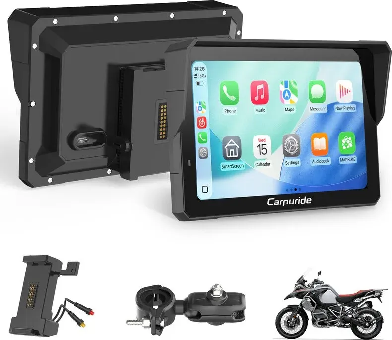 CARPURIDE Motorrad-CarPlay-Bildschirm mit BM05-Halterung für Plug-and-Play, kabelloses CarPlay & Android Auto, 7