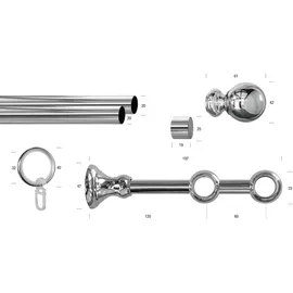 GARESA Gardinenstange Andrea grau (chromfarben), L:210cm Ø:20mm, Metall, Gardinenstangen, Vorhanggarnitur, verlängerbar, Endknopf Kugel lang, mit Ringen