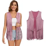 XonyiCos Damen Fringe Weste 70er Jahre 60er Jahre Hippie Westes Ärmellose Cowgirl Western Faux Wildleder Quaste Lederjacke Karneval und Rollenspiele Kostüme (Rosa Quaste Weste, M) - M