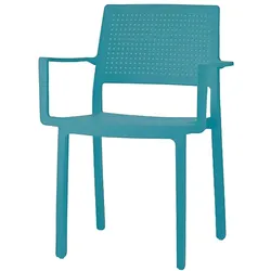 Hellblaue Stühle „Emi“ mit Armlehnen. Stapelbare Möbel für Terrasse und Innenraum von Bar, Restaurant und Cafeteria.