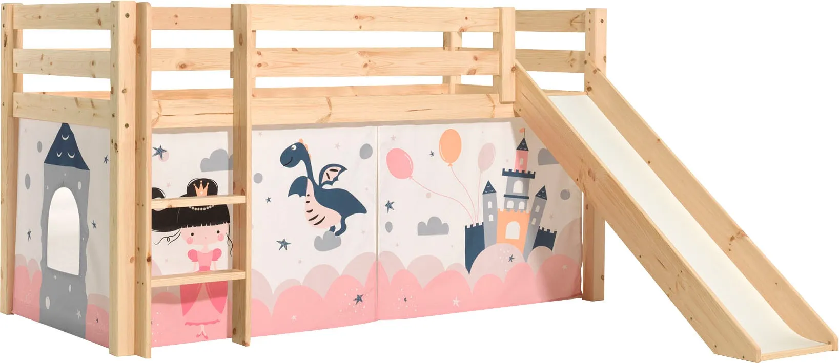 Spielbett VIPACK "Vipack Pino" Betten Gr. mit Textilset Princess Sophie, Liegefläche B/L: 90cm x 200cm H: 114cm, kein Härtegrad, beige (natur) Baby Hochbett mit Textil-Set, inkl. Rolllattenrost, Leiter und Rutsche